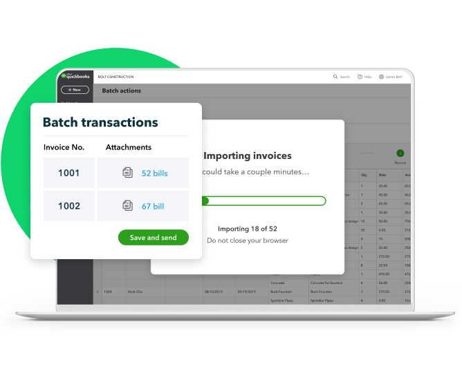 Laptop showing the Batch Transaction feature on QuickBooks Advanced. 